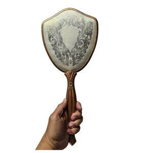 50s ornate metal handheld vanity mirror